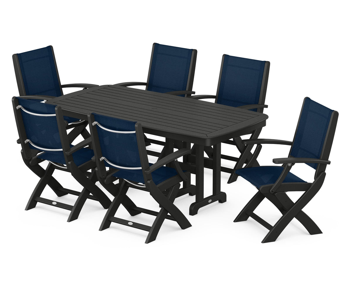 POLYWOOD Coastal Folding Arm Chair 7-Piece Dining Set in Black / Navy Blue