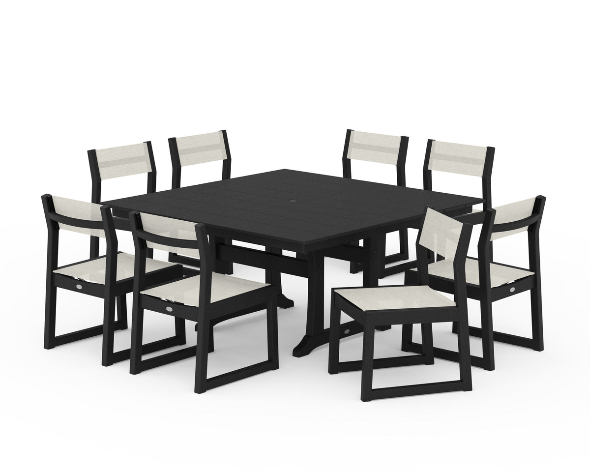 POLYWOOD EDGE Sling Side Chair 9-Piece Farmhouse Trestle Dining Set in Black / Parchment