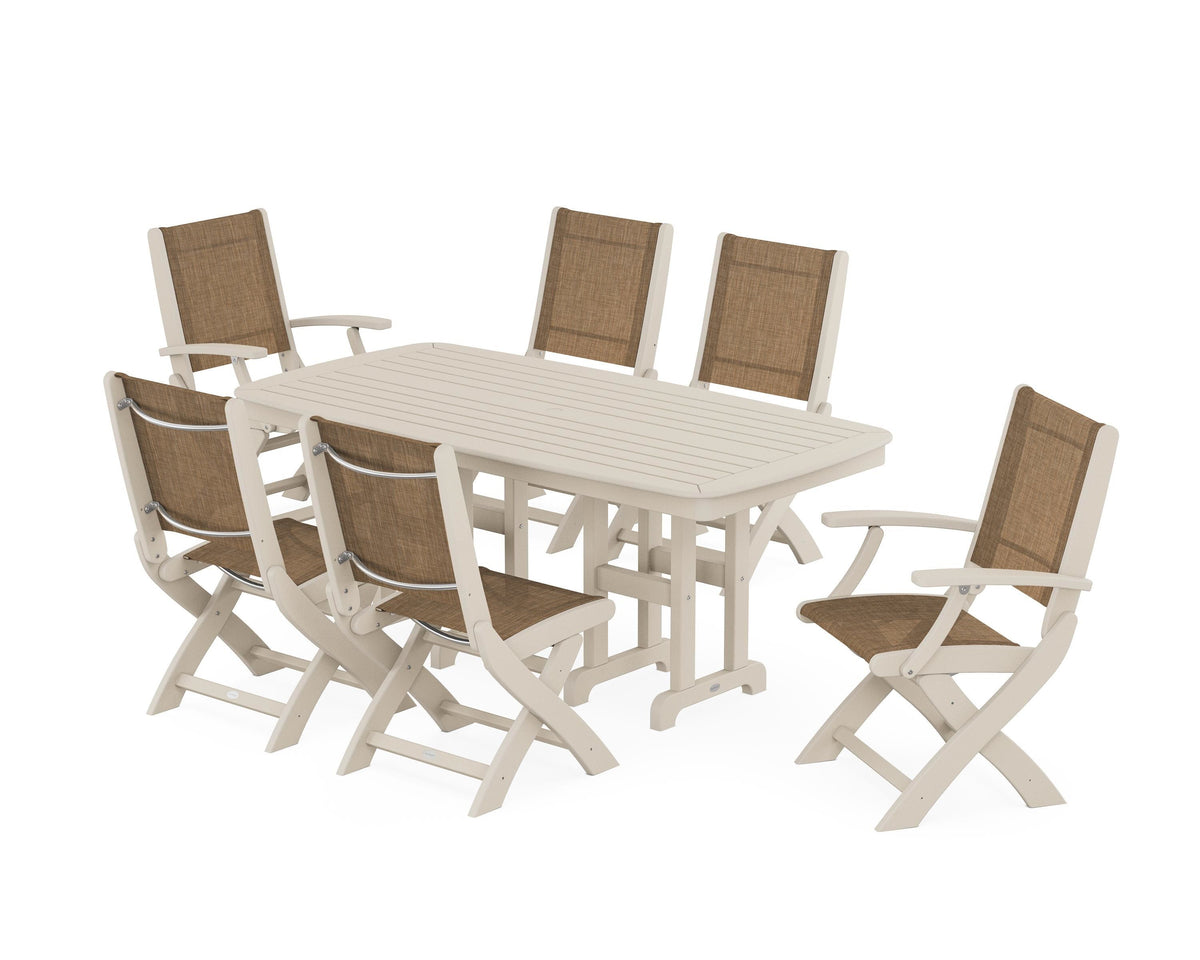 POLYWOOD Coastal Folding Chair 7-Piece Dining Set in Sand / Burlap
