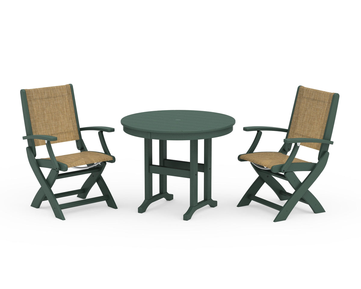 POLYWOOD Coastal Folding Chair 3-Piece Round Dining Set in Green / Burlap