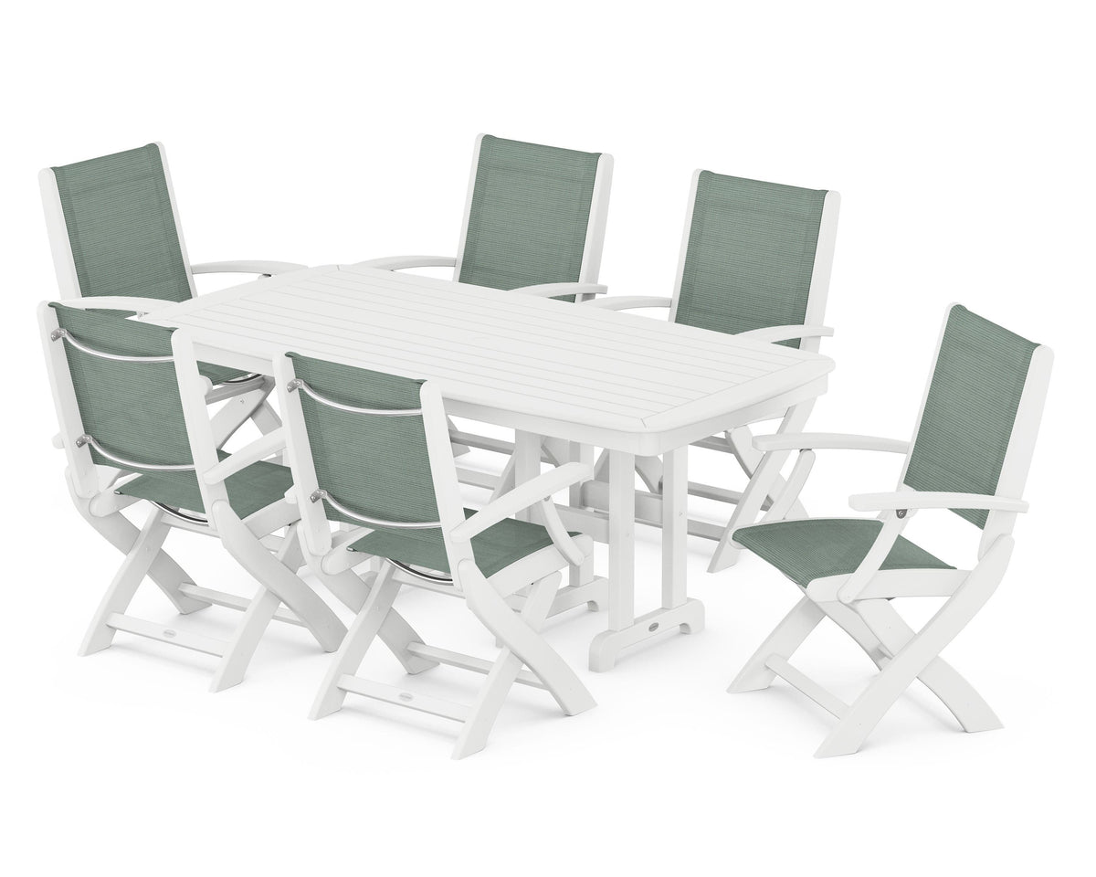 POLYWOOD Coastal Folding Arm Chair 7-Piece Dining Set in White / Dupioni Sea Mist