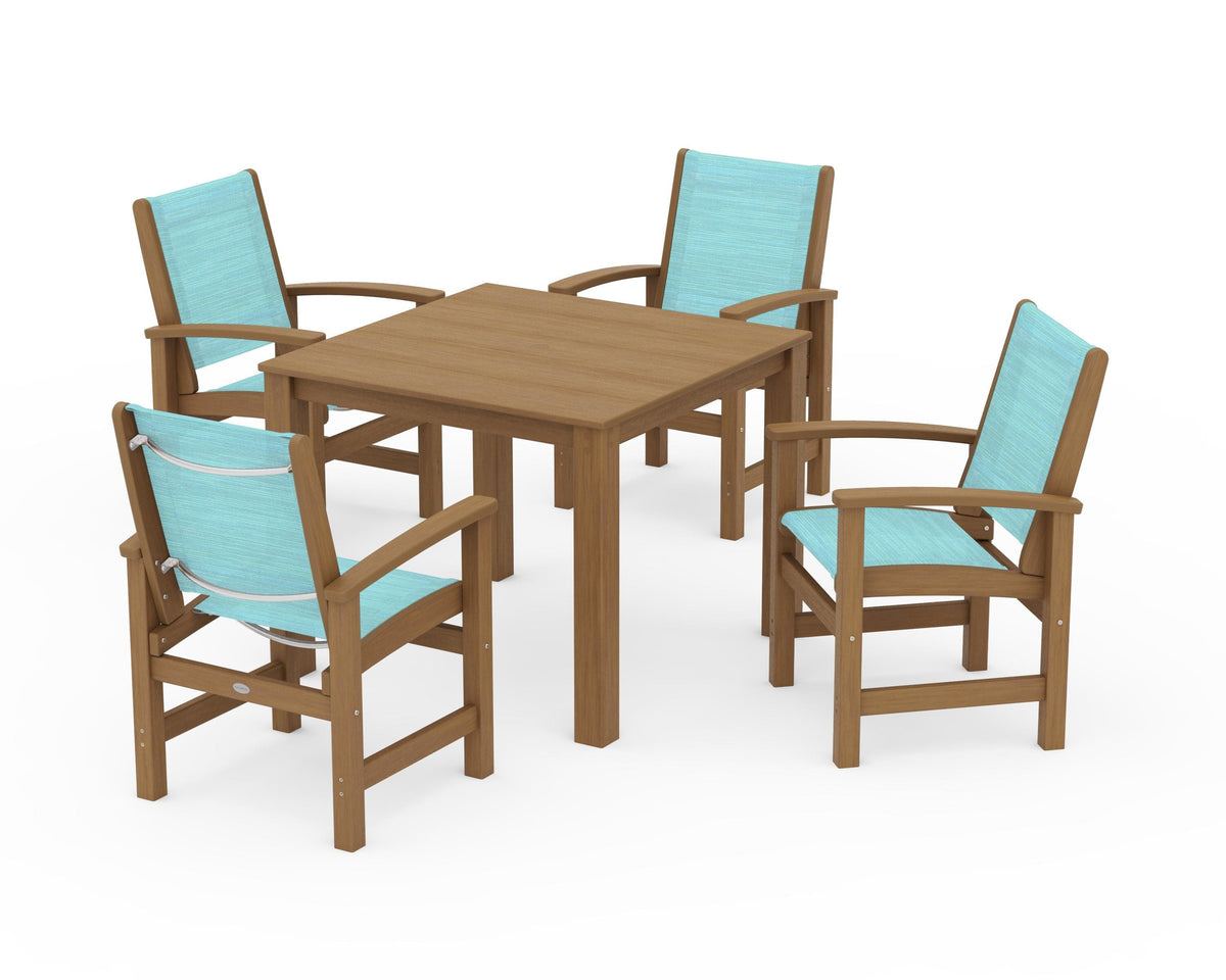 POLYWOOD Coastal 5-Piece Parsons Dining Set in Natural / Dupioni Aquamarine