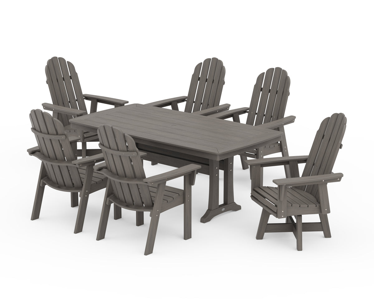 POLYWOOD Vineyard Curveback Adirondack Swivel Chair 7-Piece Dining Set with Trestle Legs in Driftwood