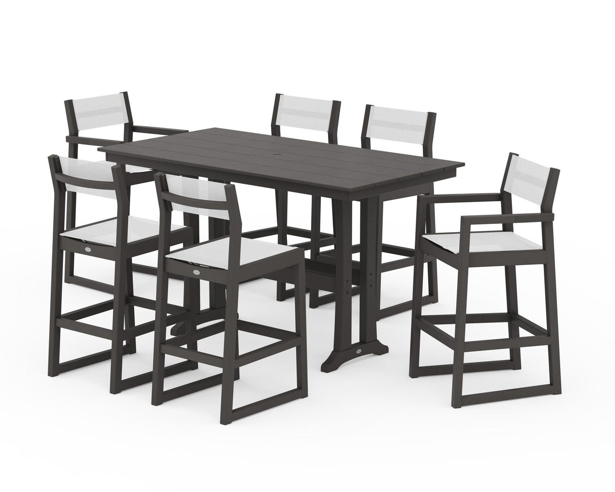 POLYWOOD EDGE Sling 7-Piece Farmhouse Bar Set with Trestle Legs in Vintage Coffee / White