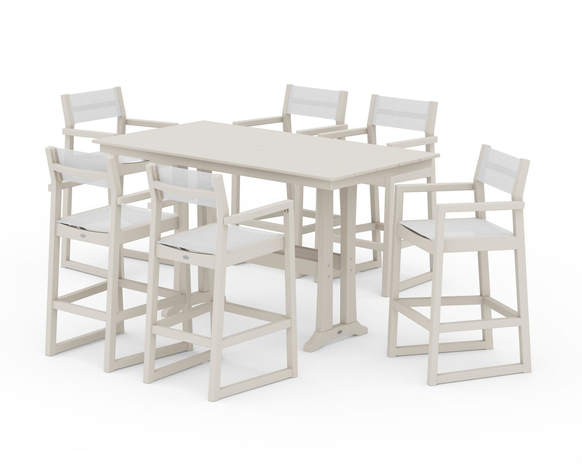 POLYWOOD EDGE Sling Arm Chair 7-Piece Farmhouse Bar Set with Trestle Legs in Sand / White