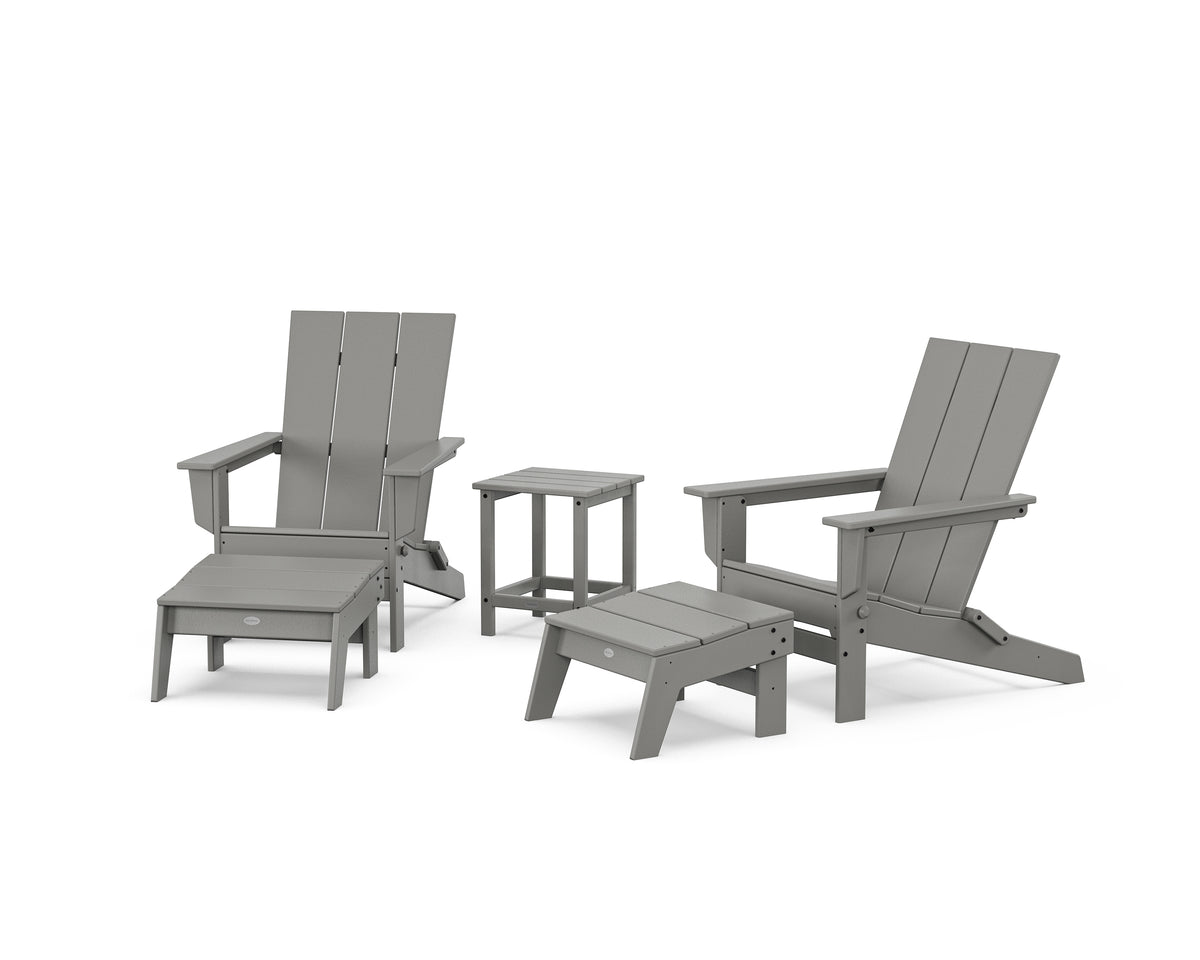 POLYWOOD 5-Piece Modern Studio Folding Adirondack Set with Ottomans and Side Table in Slate Grey