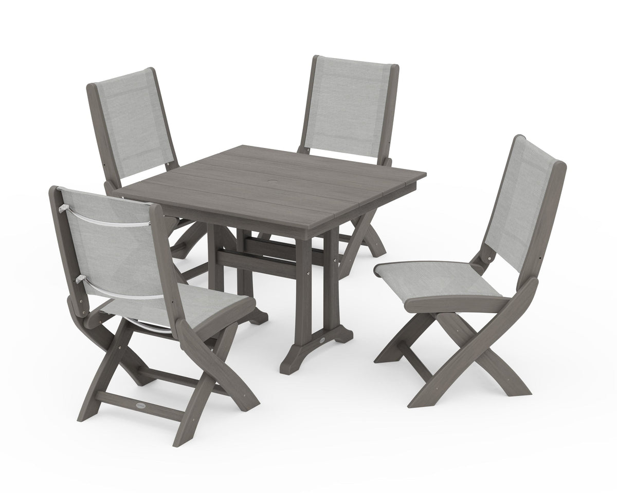POLYWOOD Coastal Folding Side Chair 5-Piece Farmhouse Dining Set With Trestle Legs in Driftwood / Metallic