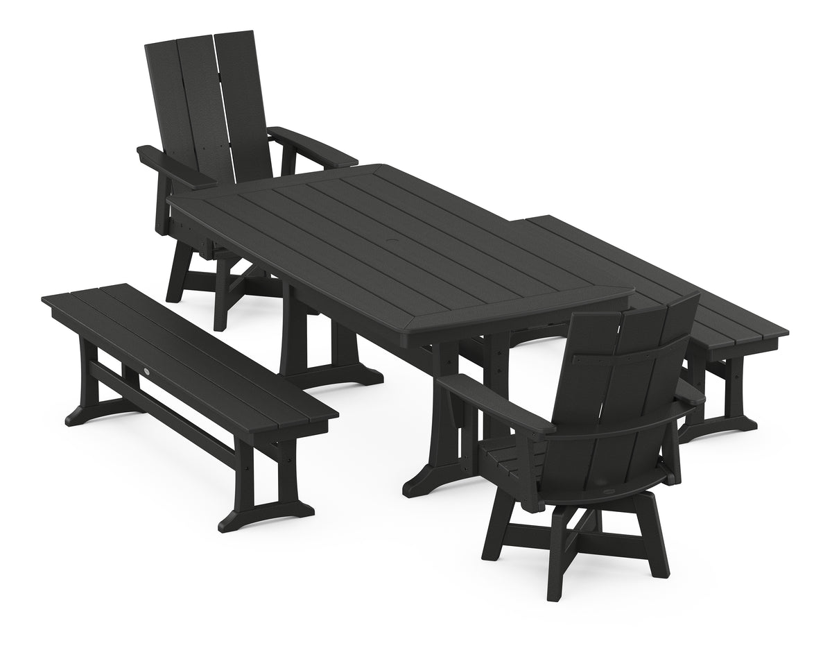 POLYWOOD Modern Curveback Adirondack Swivel Chair 5-Piece Dining Set with Trestle Legs and Benches in Black