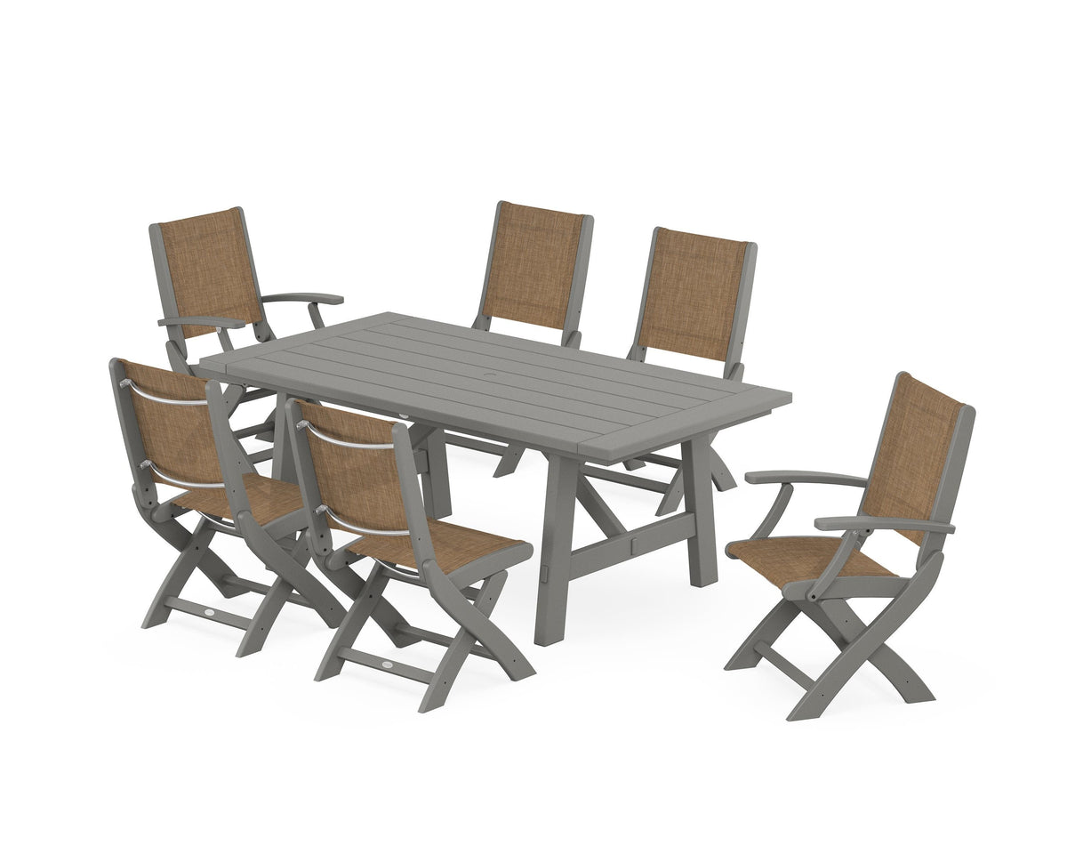 POLYWOOD Coastal Folding Chair 7-Piece Rustic Farmhouse Dining Set in Slate Grey / Burlap