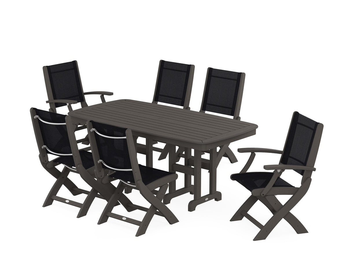 POLYWOOD Coastal Folding Chair 7-Piece Dining Set in Vintage Coffee / Black