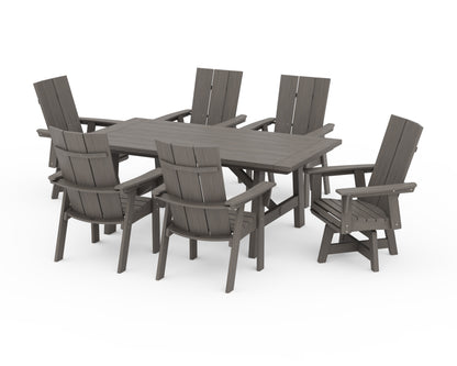 POLYWOOD Modern Curveback Adirondack 7-Piece Rustic Farmhouse Swivel Dining Set in Driftwood