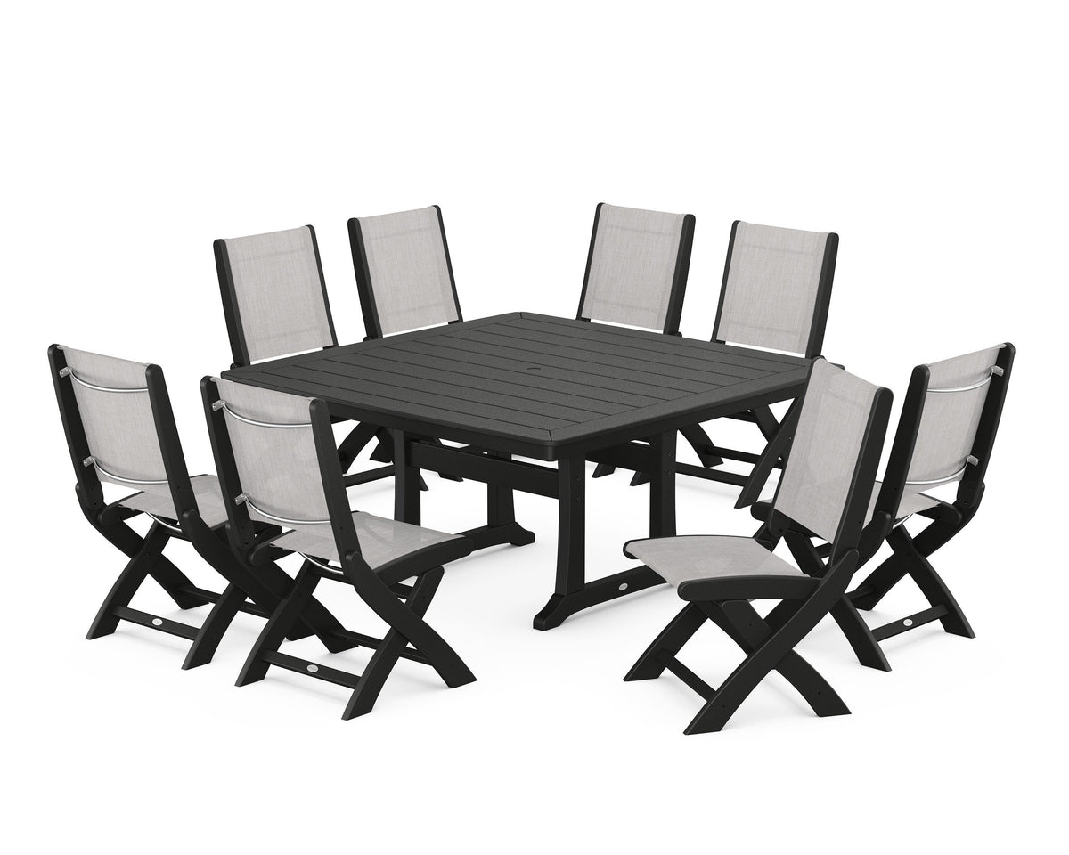 POLYWOOD Coastal Folding Side Chair 9-Piece Dining Set with Trestle Legs in Black / Parchment