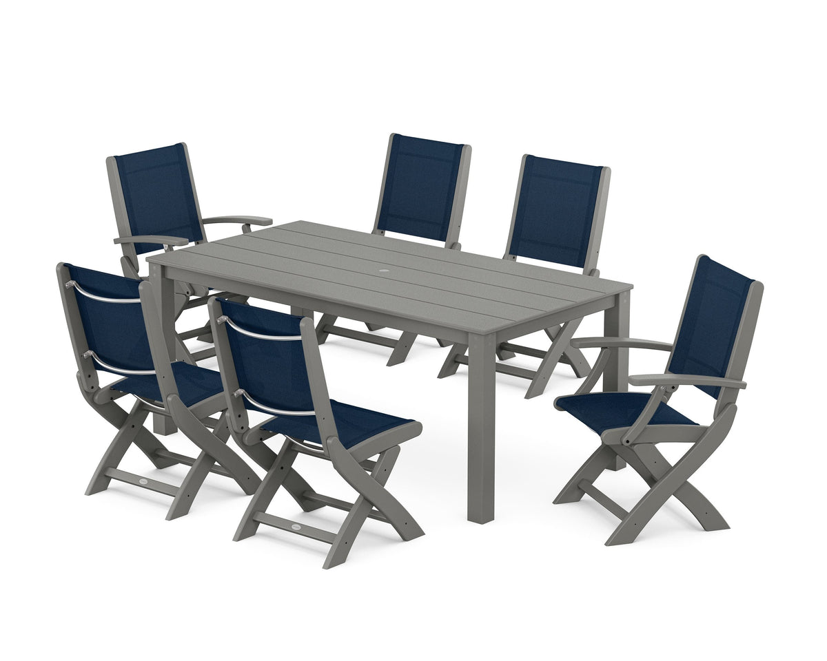 POLYWOOD Coastal Folding Chair 7-Piece Parsons Dining Set with Coastal Folding Side Chair in Slate Grey / Navy Blue