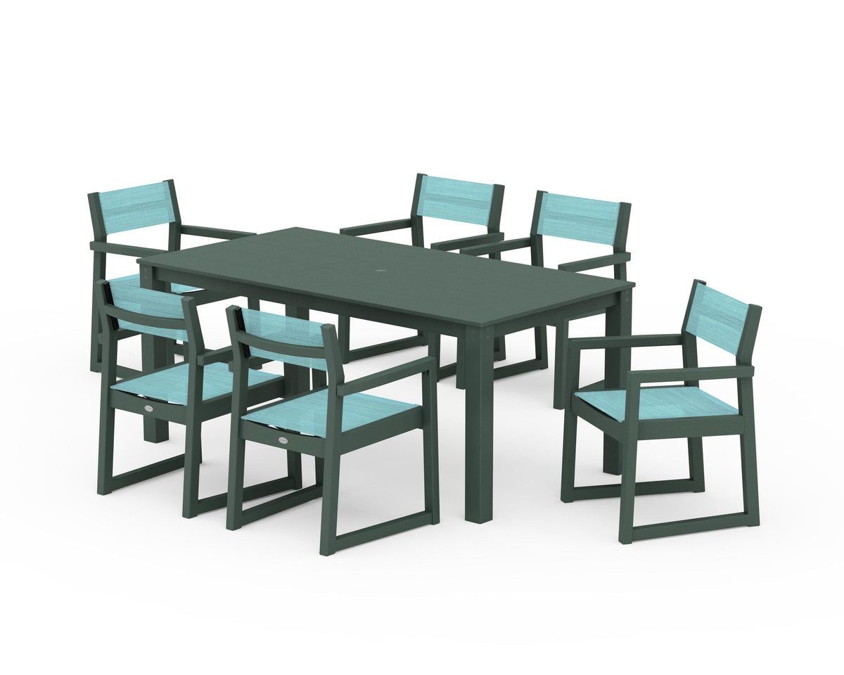 POLYWOOD EDGE Sling Arm Chair 7-Piece Parsons Dining Set in Green / Dupioni Aquamarine