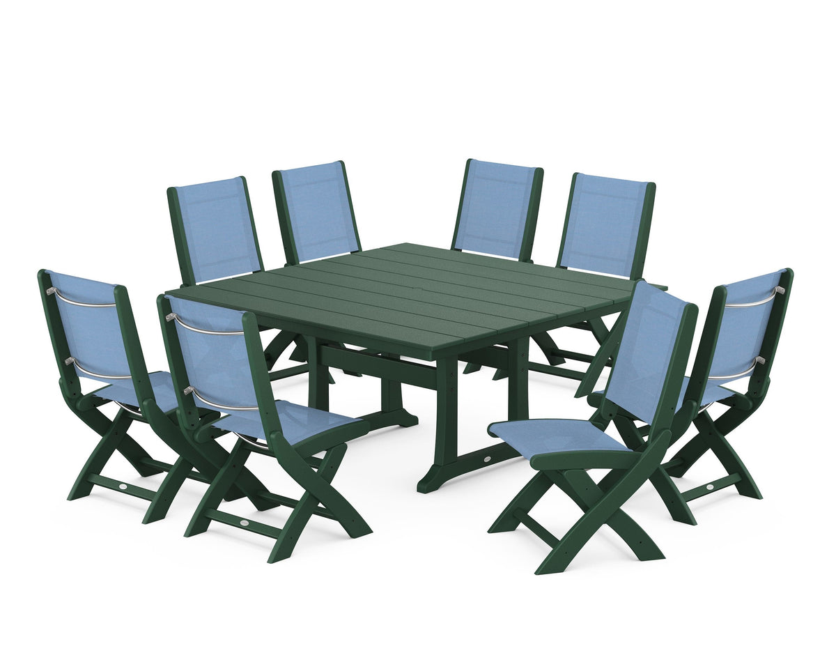 POLYWOOD Coastal Folding Side Chair 9-Piece Farmhouse Dining Set in Green / Poolside
