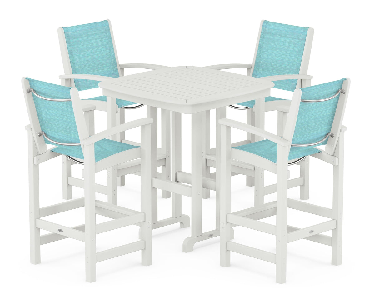POLYWOOD Coastal 5-Piece Bar Set in Vintage White / Dupioni Aquamarine