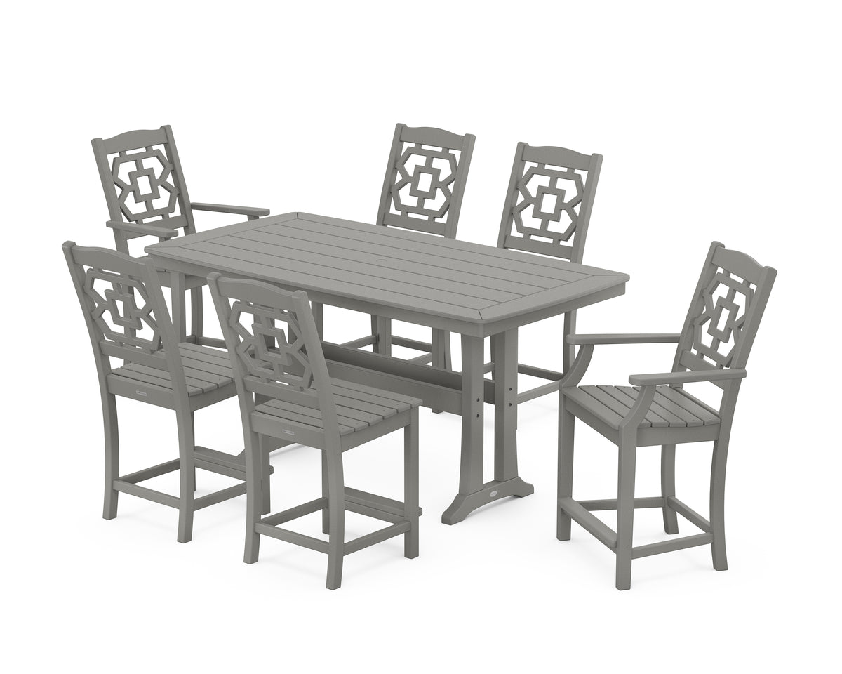 POLYWOOD Chinoiserie 7-Piece Counter Set with Trestle Legs in Slate Grey