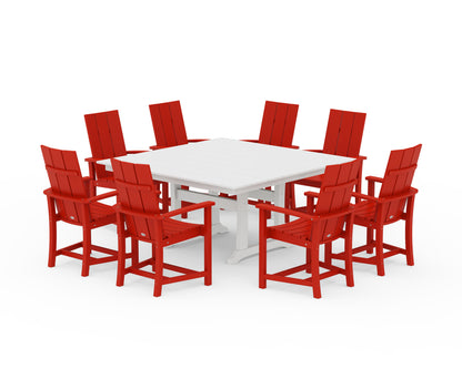 POLYWOOD Modern Adirondack 9-Piece Farmhouse Trestle Dining Set in Sunset Red / White