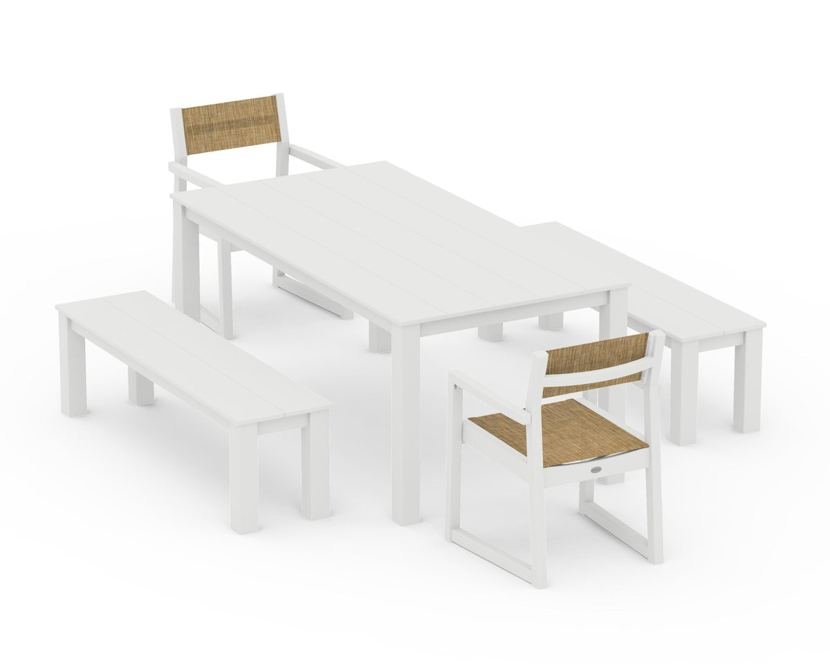 POLYWOOD EDGE Sling Arm Chair 5-Piece Parsons Dining Set with Benches in Vintage White / Burlap