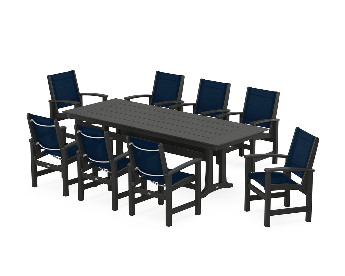 POLYWOOD Coastal 9-Piece Farmhouse Dining Set with Trestle Legs in Black / Navy Blue