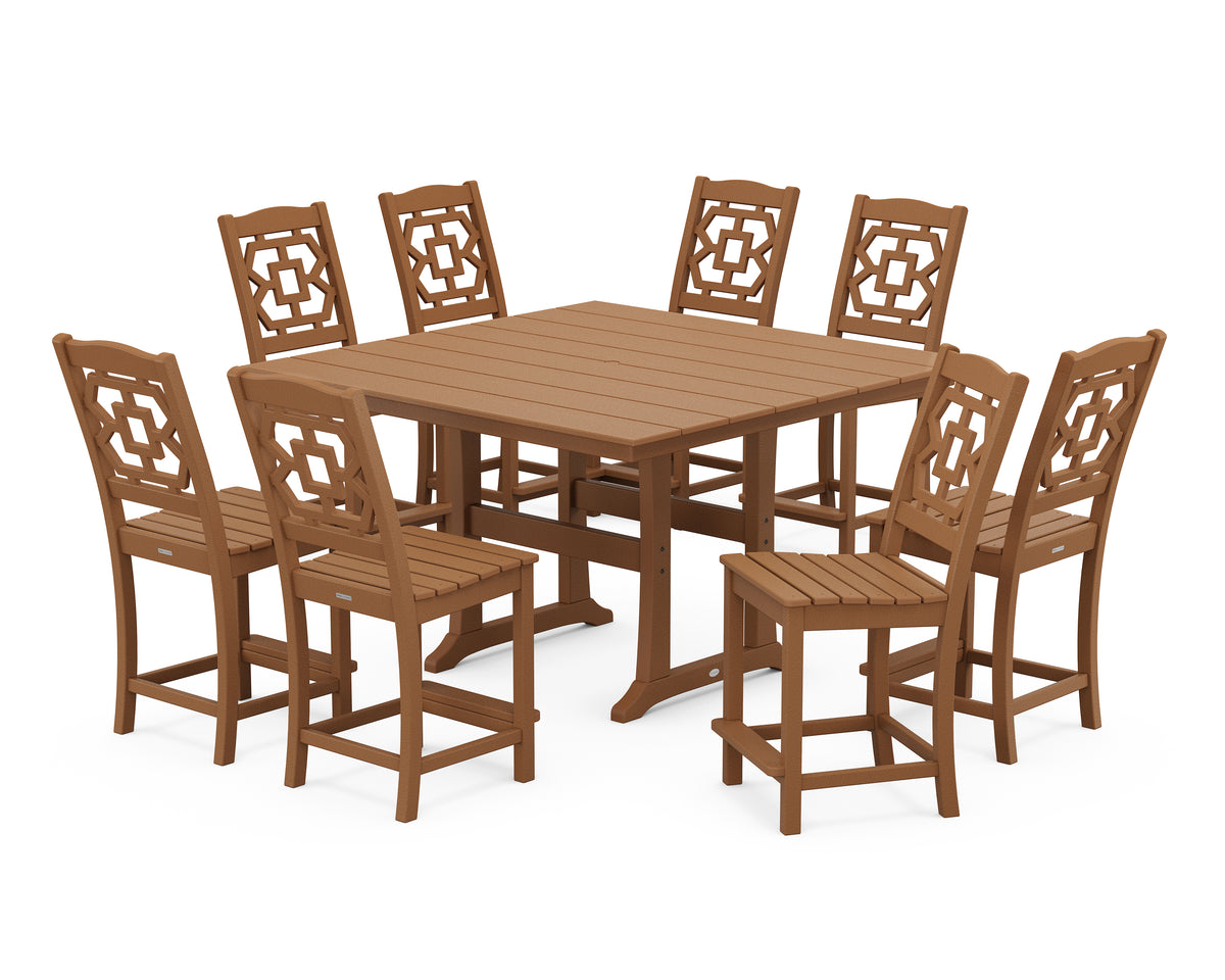 POLYWOOD Chinoiserie 9-Piece Square Farmhouse Side Chair Counter Set with Trestle Legs in Teak