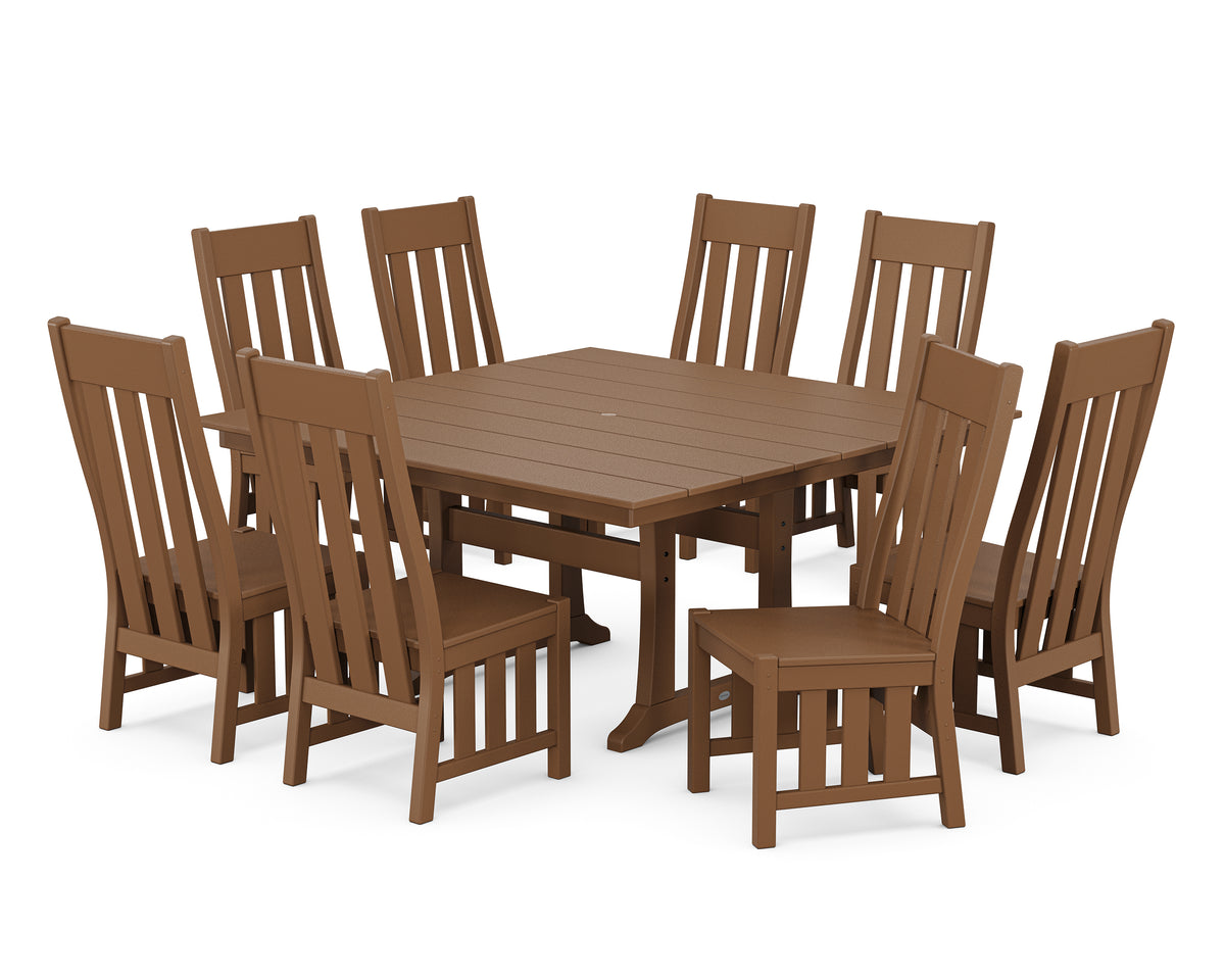 POLYWOOD Acadia Side Chair 9-Piece Square Farmhouse Dining Set with Trestle Legs in Teak