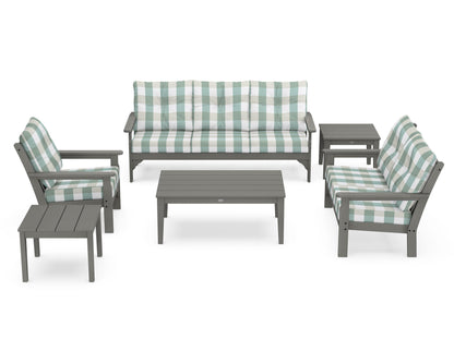 POLYWOOD Vineyard 6-Piece Deep Seating Set in Slate Grey / Buffalo Plaid Glacier Spa