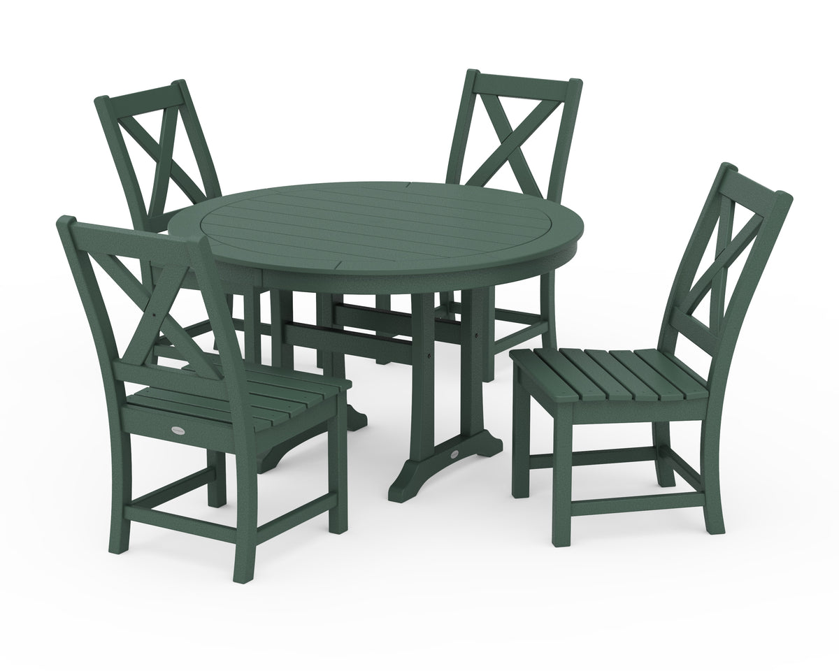 POLYWOOD Braxton Side Chair 5-Piece Round Dining Set with Trestle Legs in Green