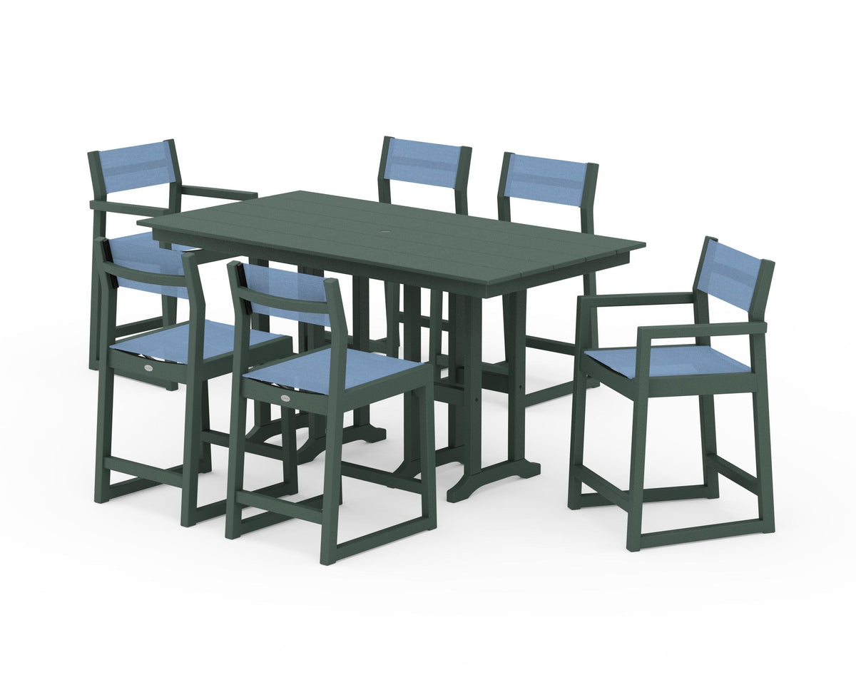 POLYWOOD EDGE Sling 7-Piece Farmhouse Counter Set with Trestle Legs in Green / Poolside
