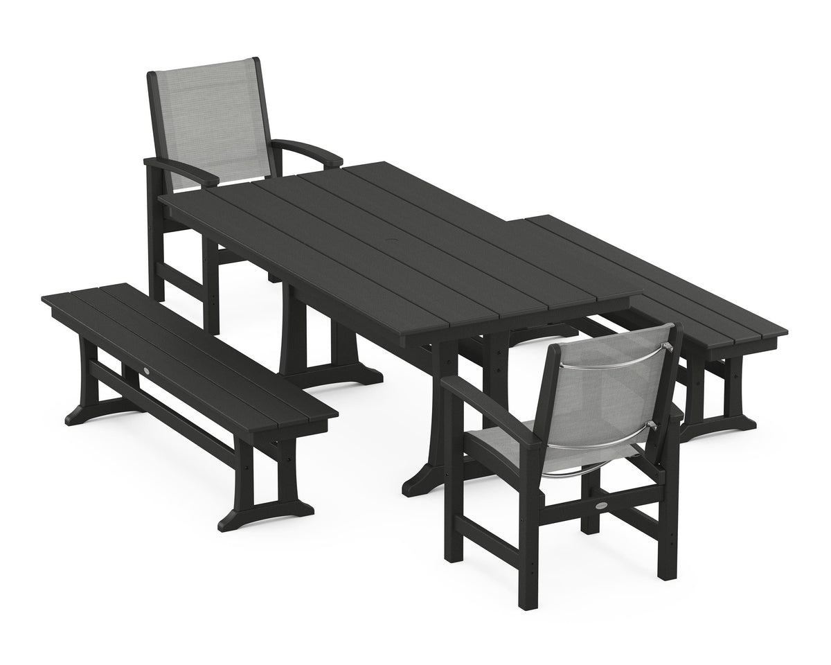 POLYWOOD Coastal 5-Piece Farmhouse Dining Set with Trestle Legs and Benches in Black / Metallic