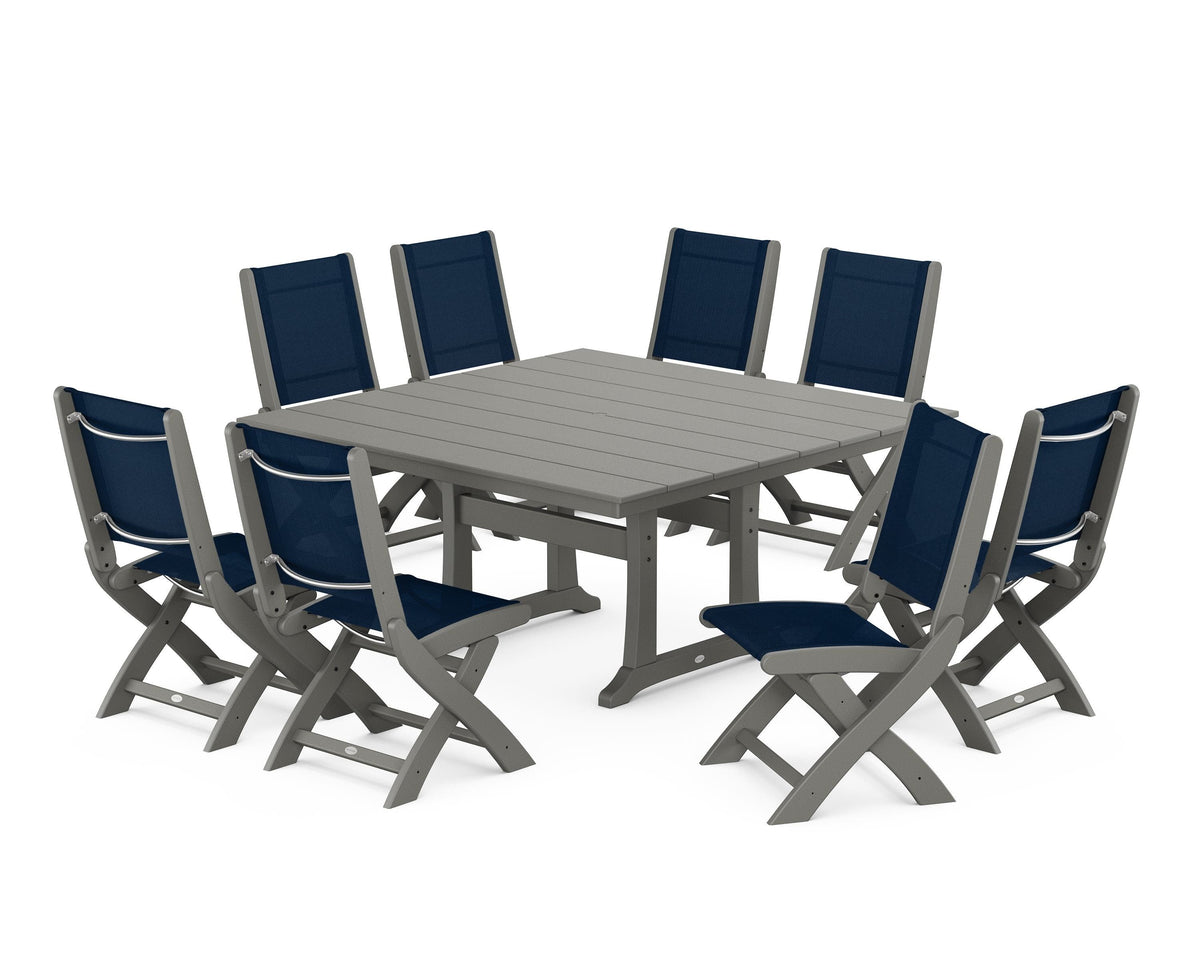 POLYWOOD Coastal Folding Side Chair 9-Piece Farmhouse Dining Set in Slate Grey / Navy Blue