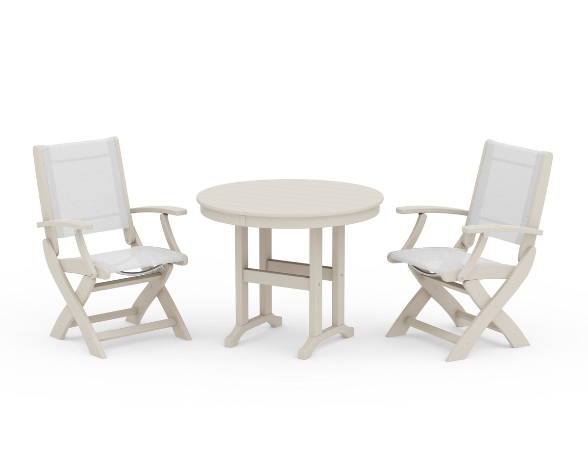 POLYWOOD Coastal Folding Chair 3-Piece Round Dining Set in Sand / White