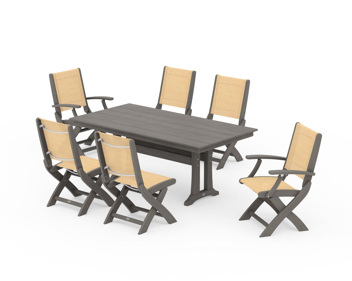 POLYWOOD Coastal Folding Chair 7-Piece Farmhouse Dining Set with Trestle Legs in Driftwood / Dupioni Apricot