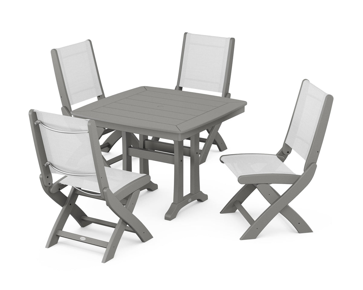 POLYWOOD Coastal Folding Side Chair 5-Piece Dining Set with Trestle Legs in Slate Grey / White