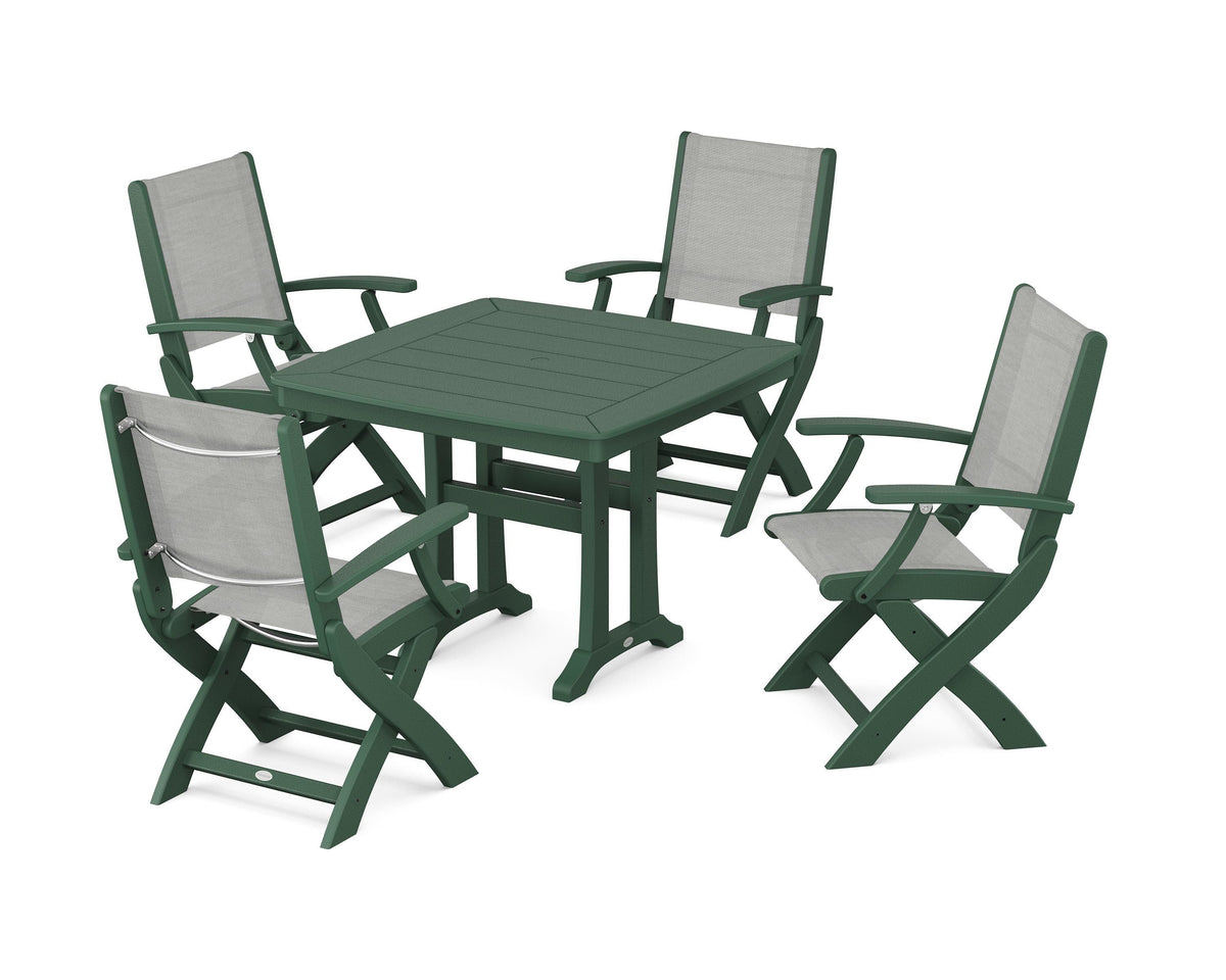 POLYWOOD Coastal Folding Chair 5-Piece Dining Set with Trestle Legs in Green / Metallic