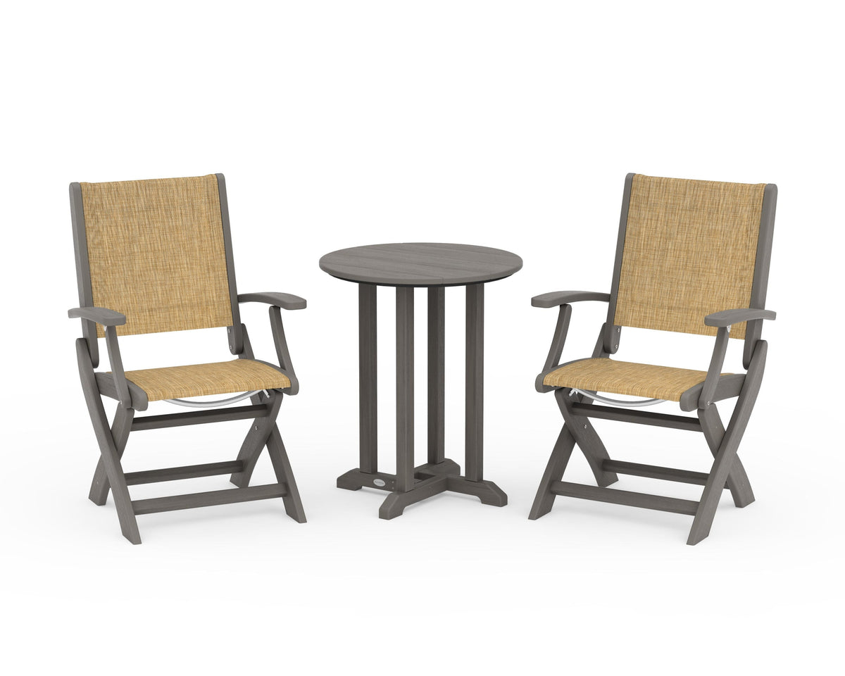 POLYWOOD Coastal Folding 3-Piece Round Bistro Dining Set in Driftwood / Burlap