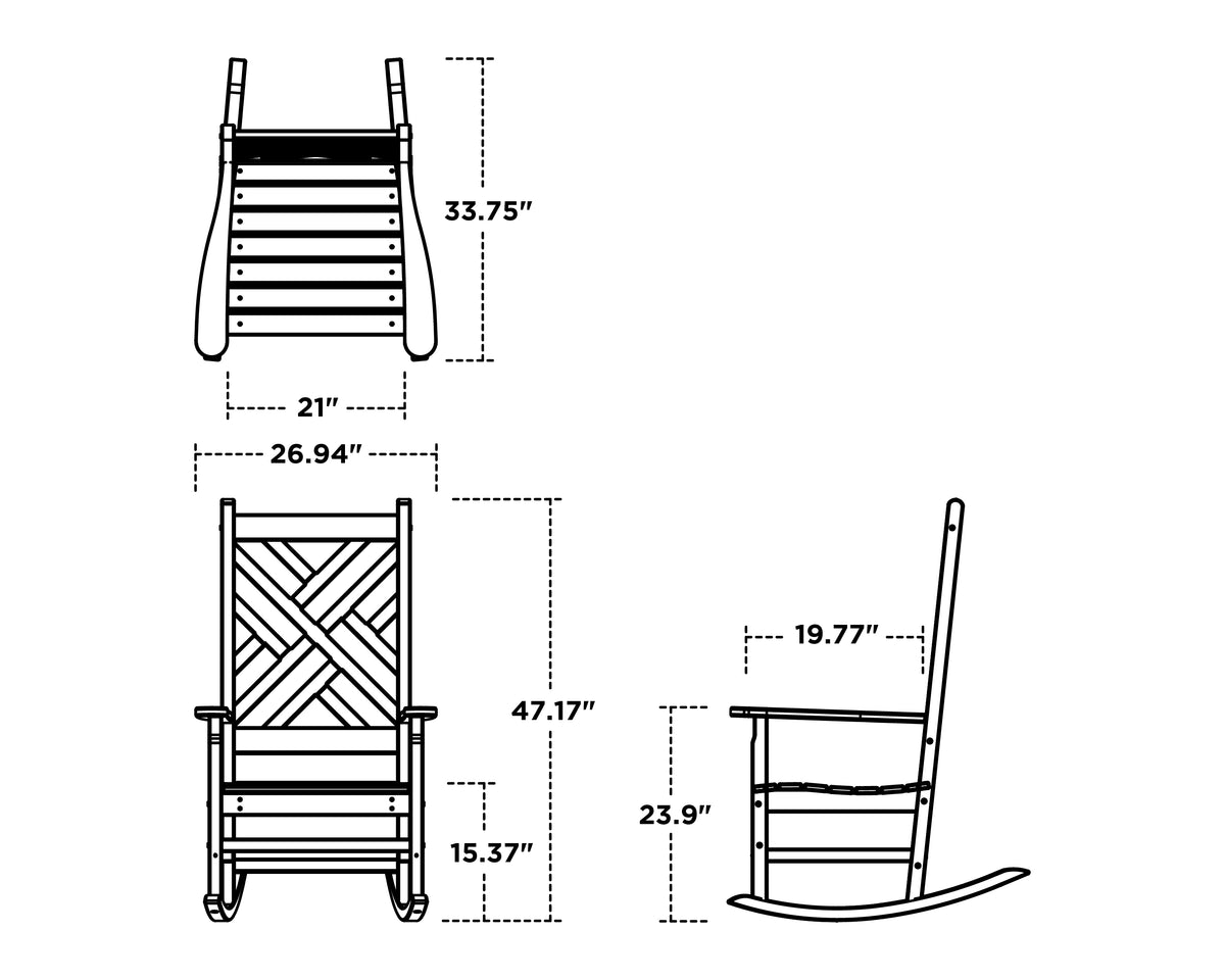 POLYWOOD Chippendale Porch Rocking Chair dimension drawing with width, depth and height measurements