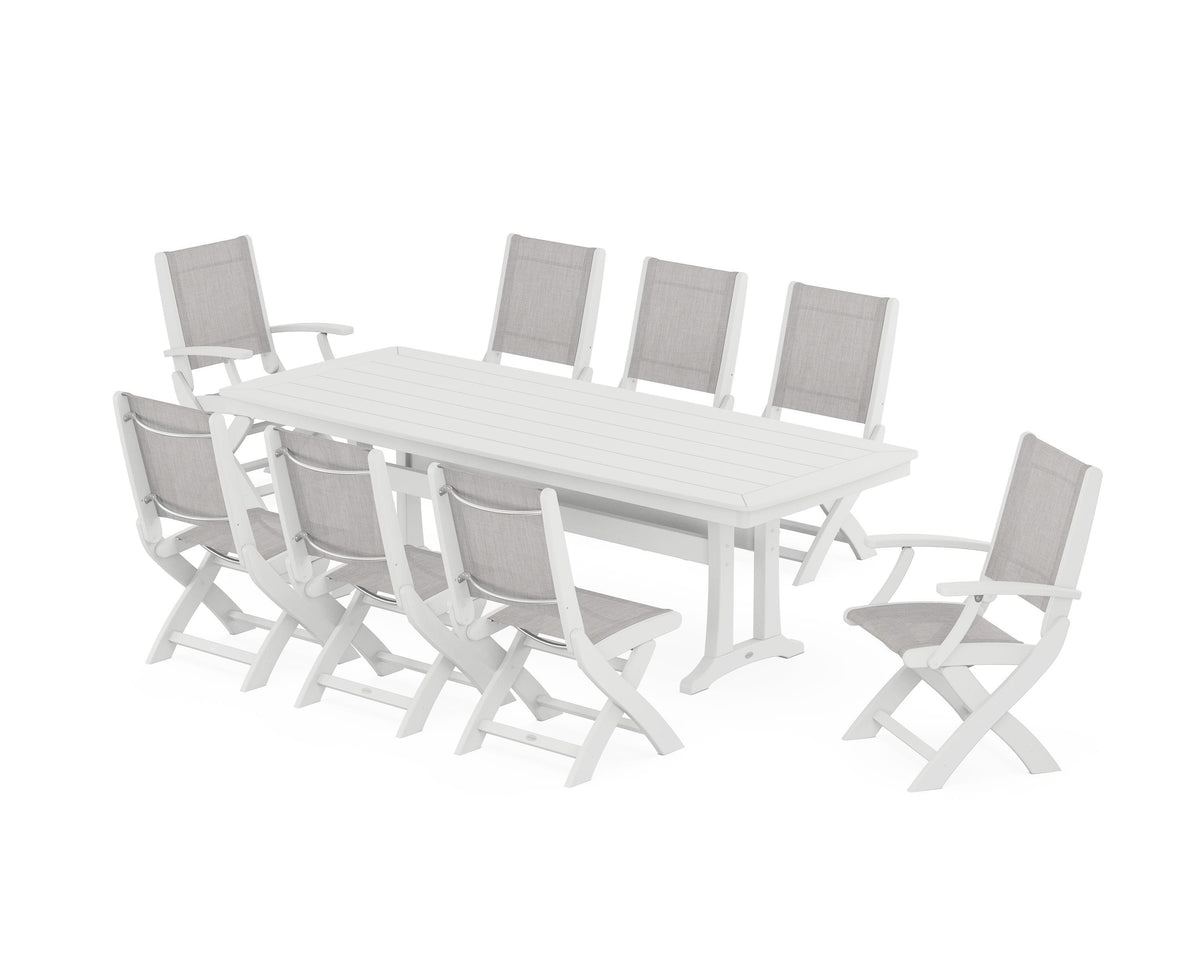 POLYWOOD Coastal Folding 9-Piece Dining Set with Trestle Legs in White / Parchment