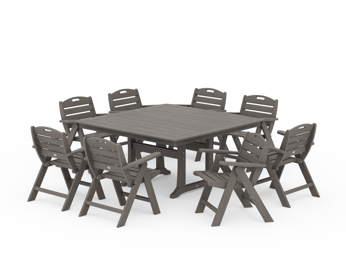 POLYWOOD Nautical Lowback 9-Piece Square Dining Set with Trestle Legs in Driftwood