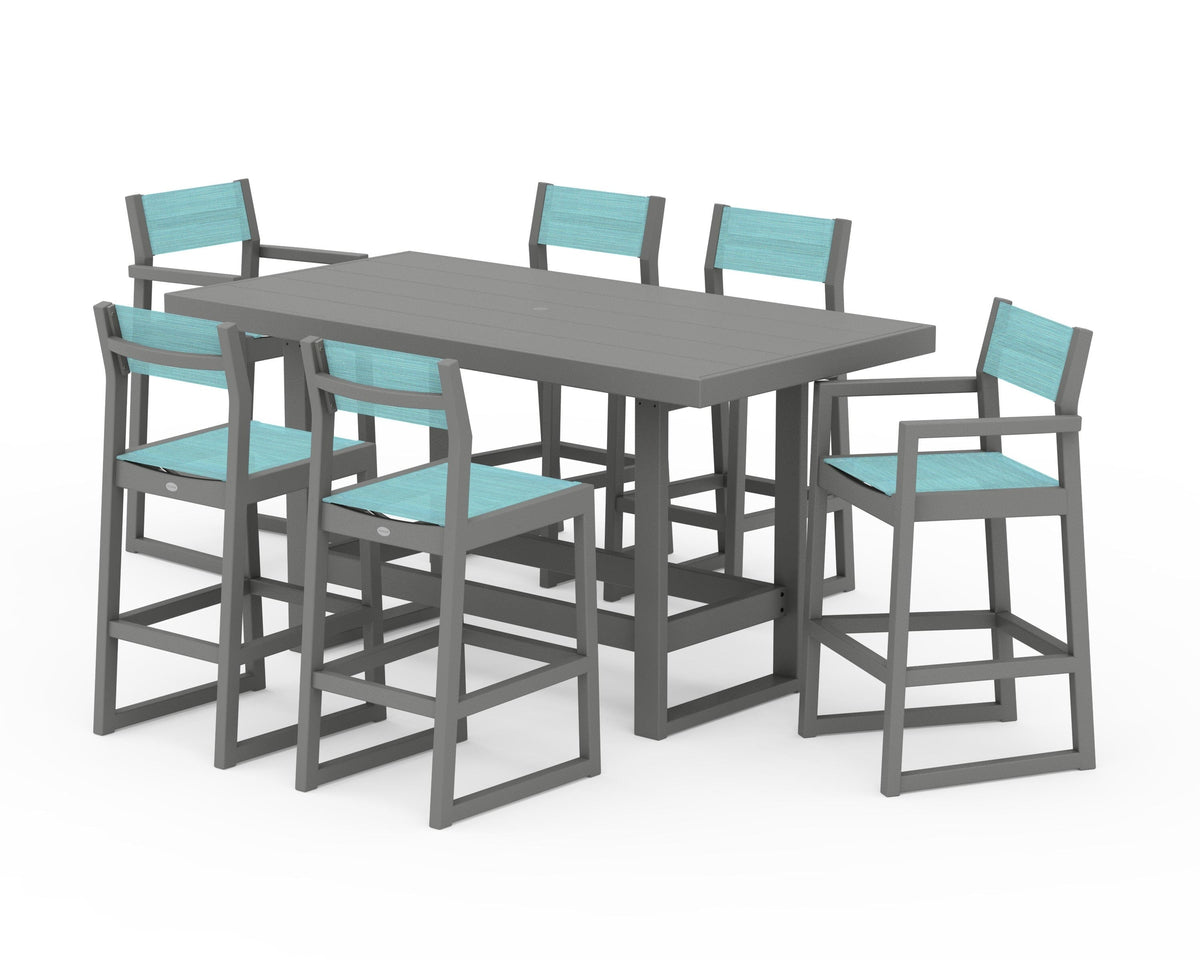 POLYWOOD EDGE Sling 7-Piece Bar Table Set in Slate Grey / Dupioni Aquamarine