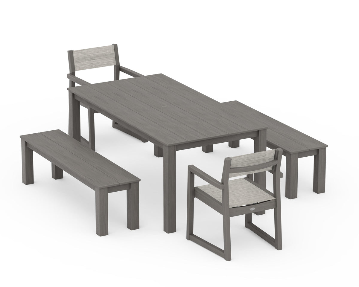 POLYWOOD EDGE Sling Arm Chair 5-Piece Parsons Dining Set with Benches in Driftwood / Birch