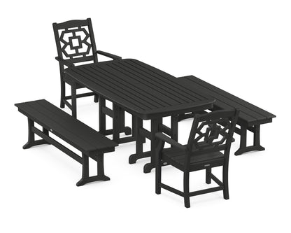 POLYWOOD Chinoiserie 5-Piece Dining Set with Benches in Black