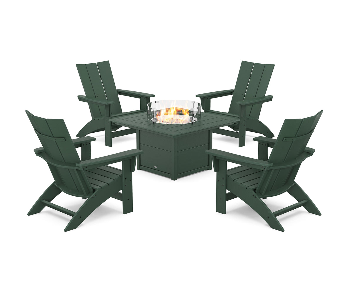 POLYWOOD 5-Piece Modern Grand Adirondack Conversation Set with Fire Pit Table in Green