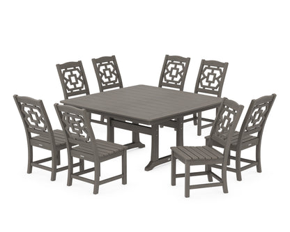 POLYWOOD Chinoiserie 9-Piece Square Side Chair Dining Set with Trestle Legs in Driftwood