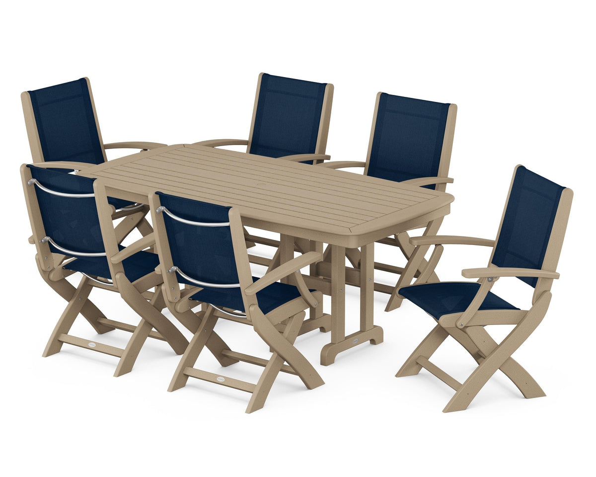 POLYWOOD Coastal Folding Arm Chair 7-Piece Dining Set in Vintage Sahara / Navy Blue