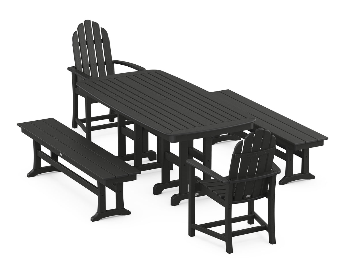 POLYWOOD Classic Adirondack 5-Piece Dining Set with Benches - 37" x 72" Table in Black