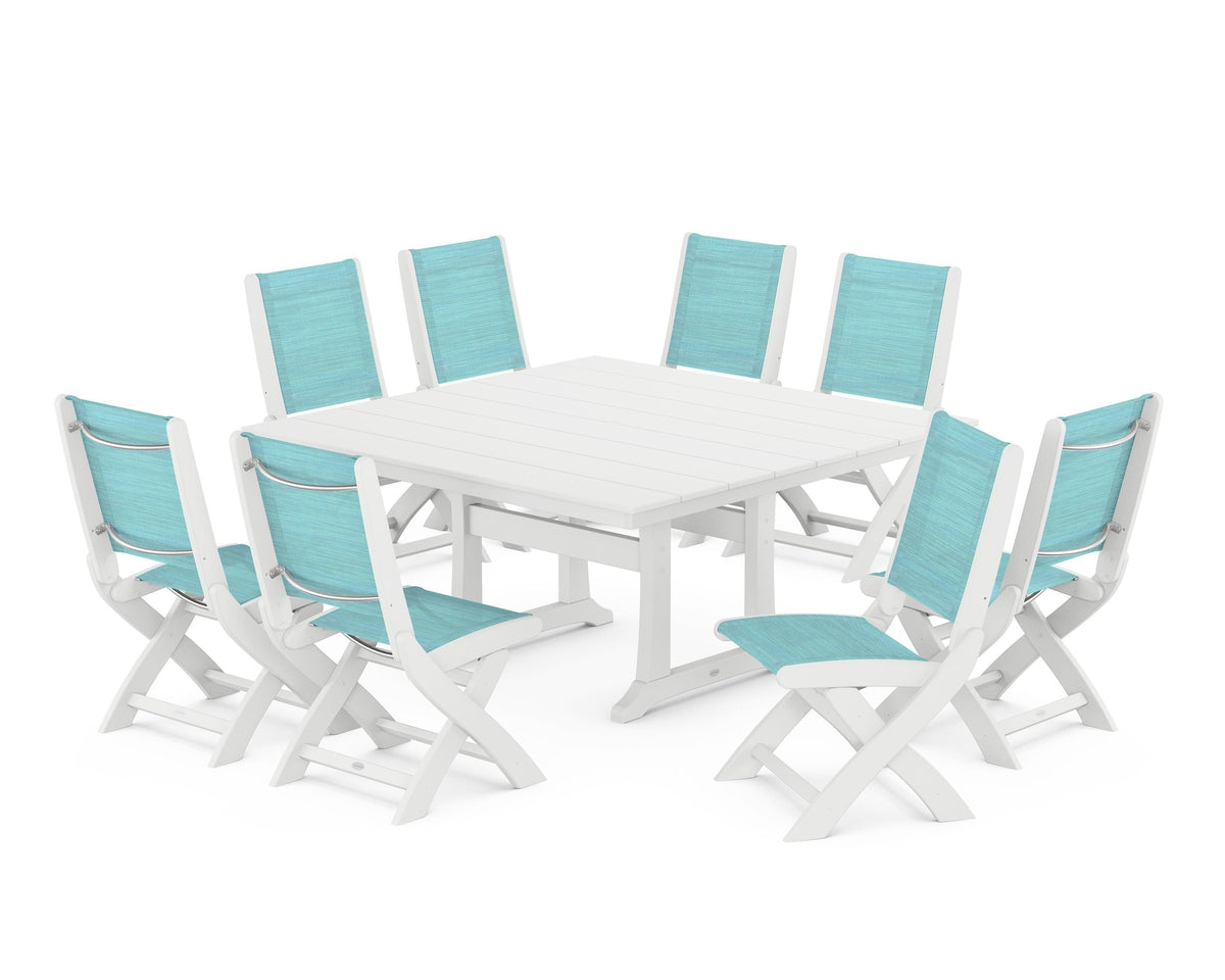 POLYWOOD Coastal Folding Side Chair 9-Piece Farmhouse Dining Set in White / Dupioni Aquamarine