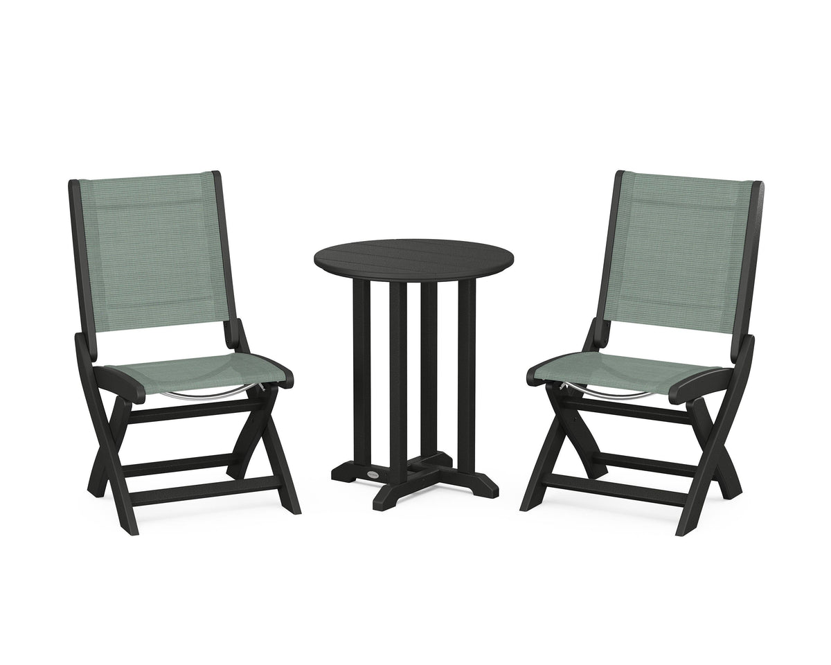 POLYWOOD Coastal Folding Side Chair 3-Piece Round Bistro Dining Set in Black / Dupioni Sea Mist