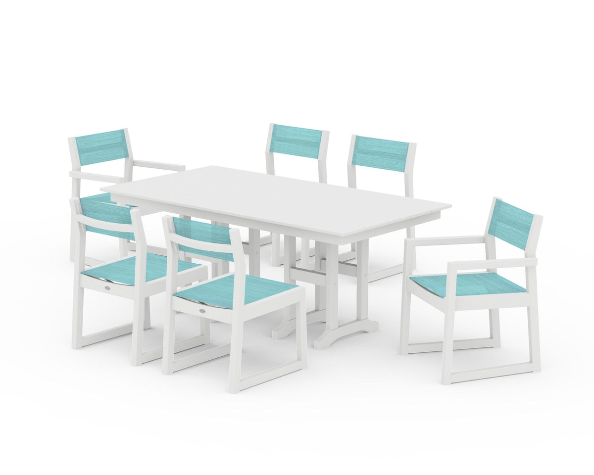 POLYWOOD EDGE Sling 7-Piece Farmhouse Dining Set in White / Dupioni Aquamarine