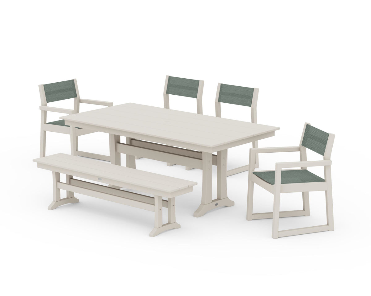 POLYWOOD EDGE Sling 6-Piece Farmhouse Dining Set With Trestle Legs in Sand / Dupioni Sea Mist